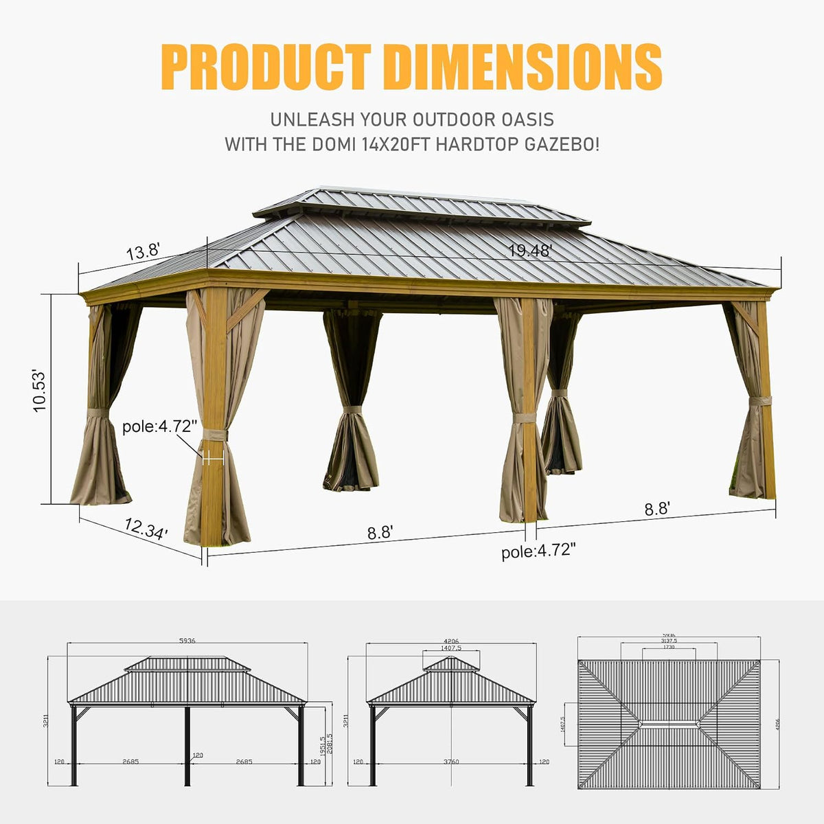Domi 14x20 Hardtop Gazebo Aluminum Frame, for Outdoor Patios, Wood Looking