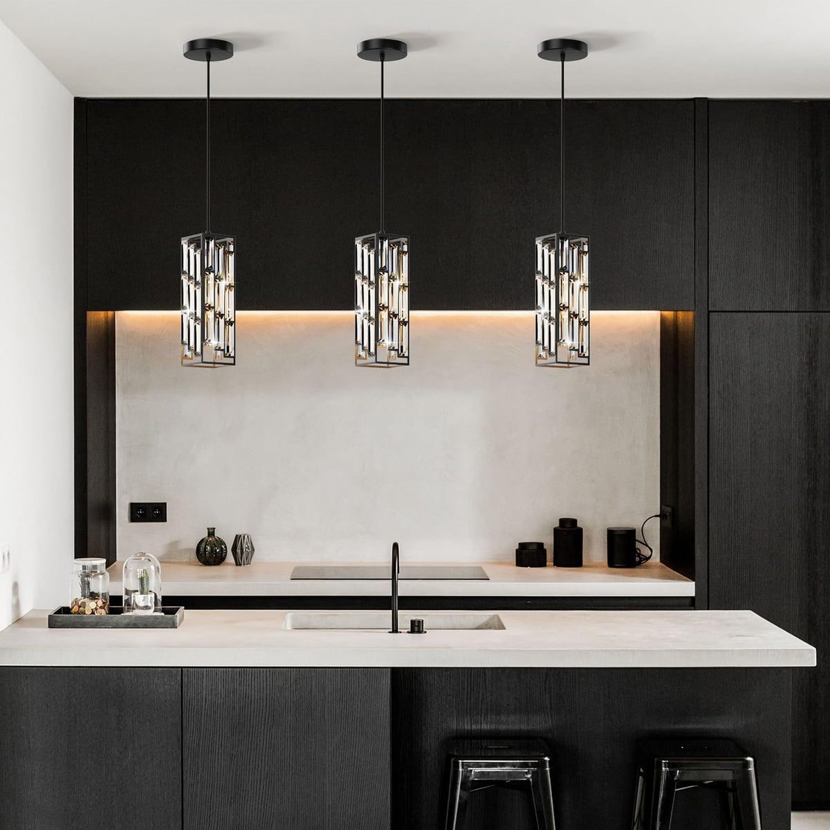 Modern 1-Light Crystal Pendant Light Kitchen Island, Black, 2-Pack