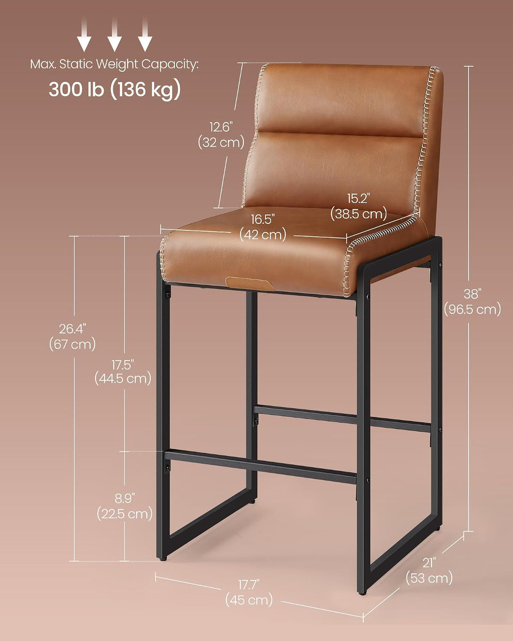 VASAGLE Bar Stools Set of 2, Counter Height Chairs with Backs, 26.4-Inch