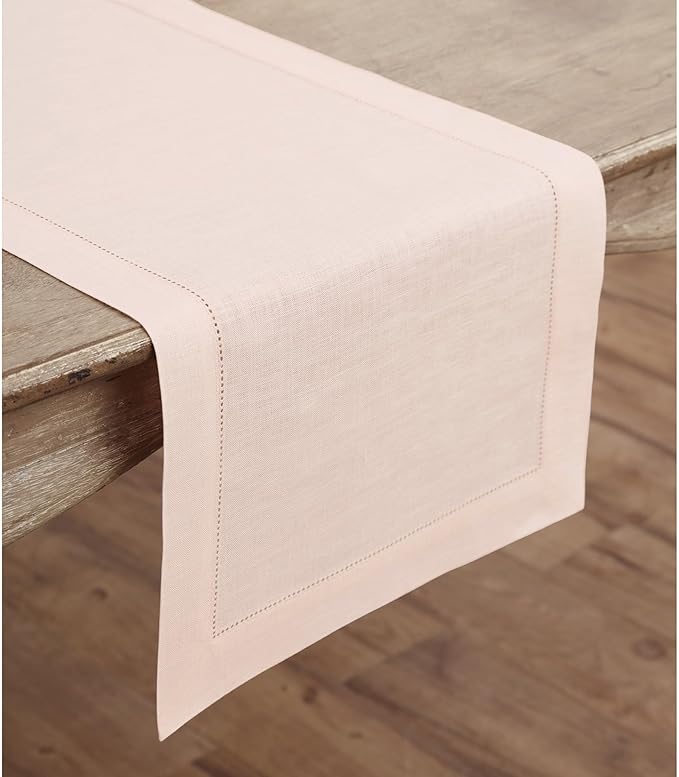 Solino Home Linen Pink Table Runner 120 Inches Long - 100% Pure Linen Hemstitch 14 x 120 Inch Table Runner for Dining and Halloween - Classic Hemstitch