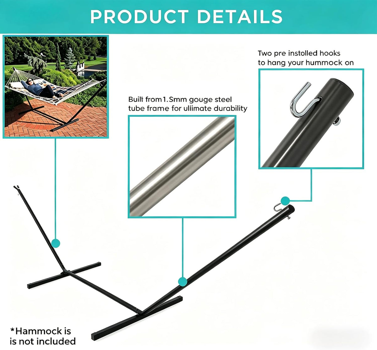 Double Hammock with Space Saving Steel Stand 400 lb Capacity, Portable Hammock Frame Stand Heavy Duty for 9 to 13Feet Hammocks, Carry Bag Included
