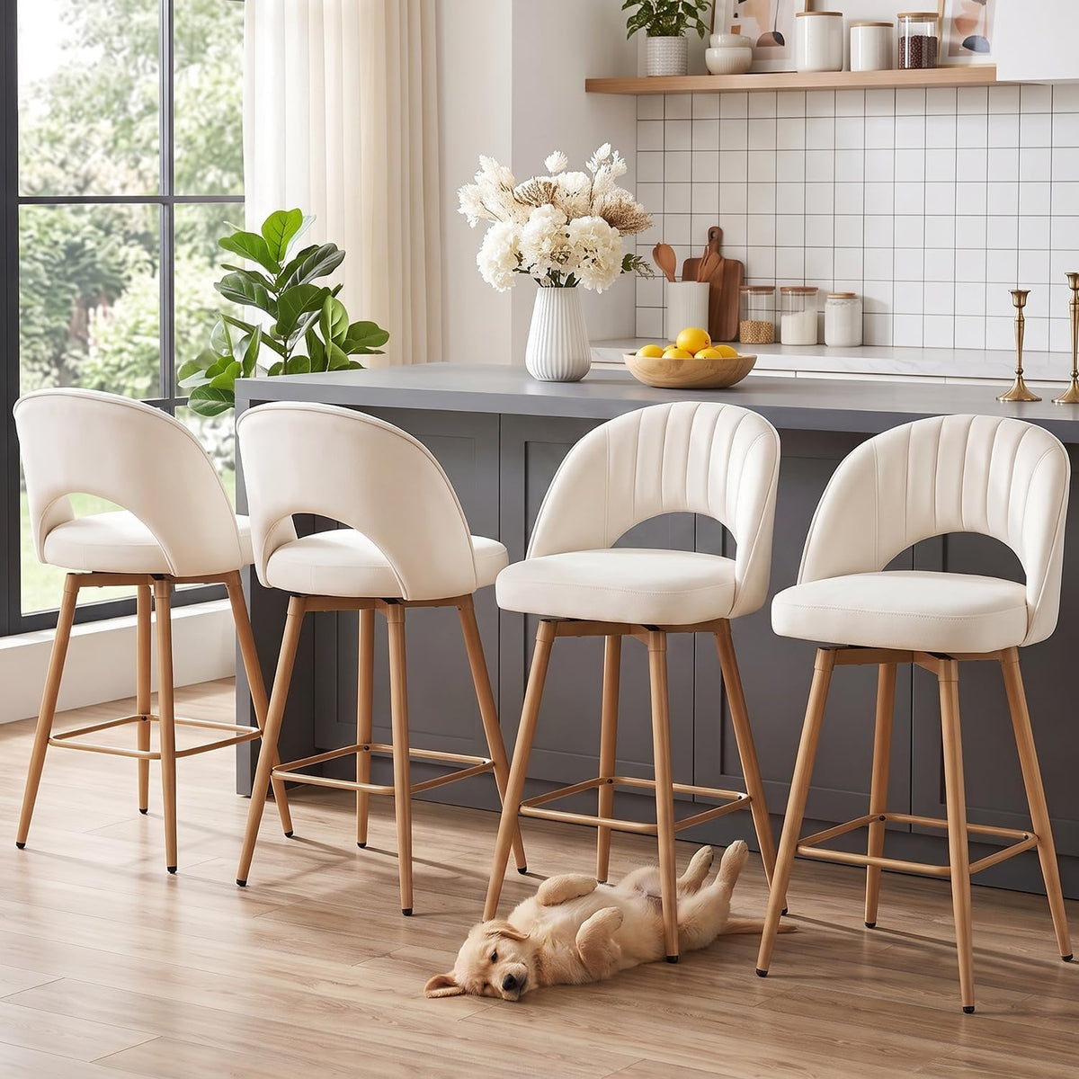 Swivel Bar Stools Set of 4, Counter Height Barstools for Kitchen Island, 26" Seat Height Bar Chairs for Dining Room, Velvet Upholstered Bar Stool with Back and Footrest, White