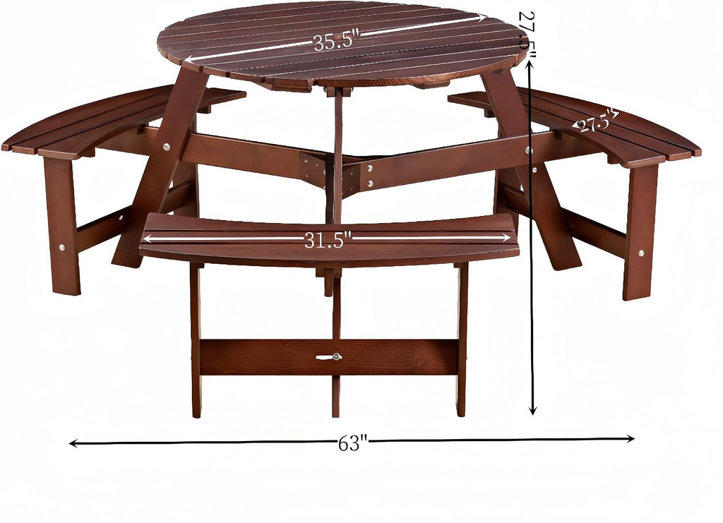 Round 6 Person Outdoor Picnic Table with 3 Built-in Benches