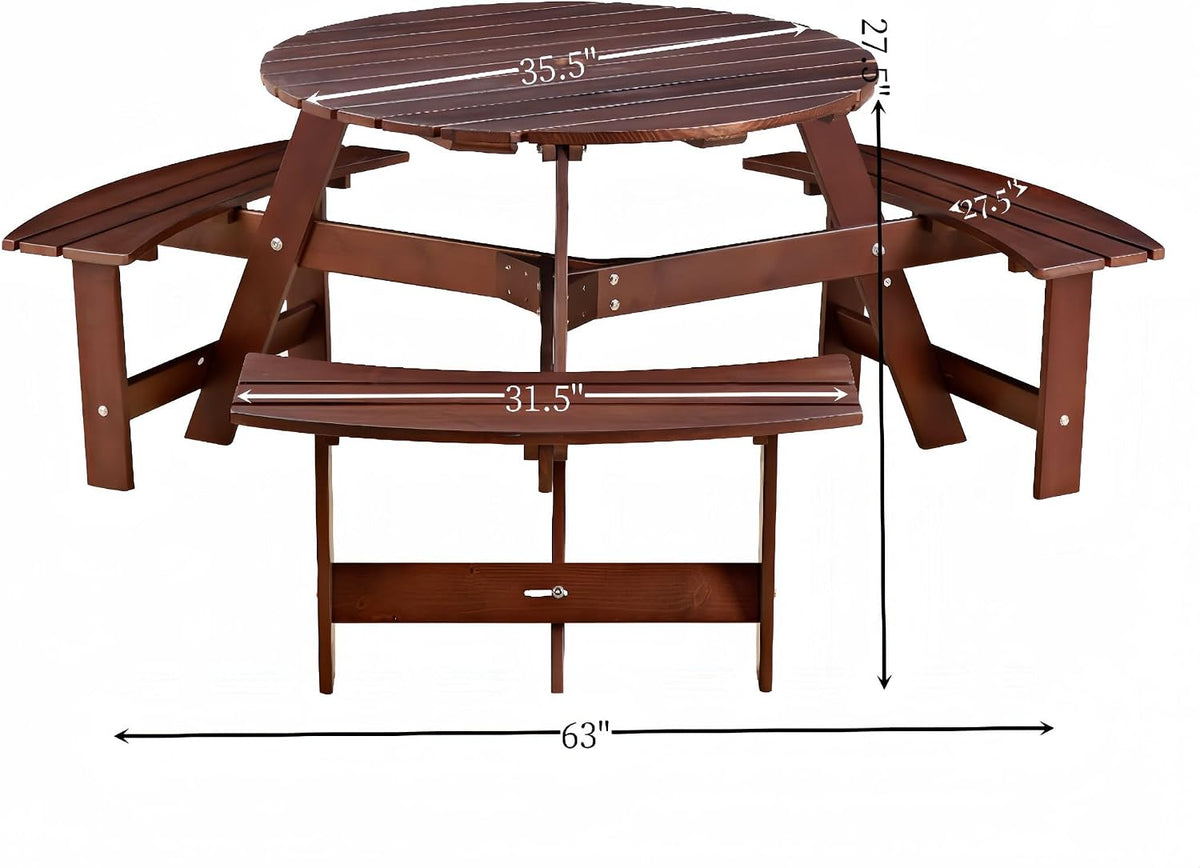Round 6 Person Outdoor Picnic Table with 3 Built-in Benches