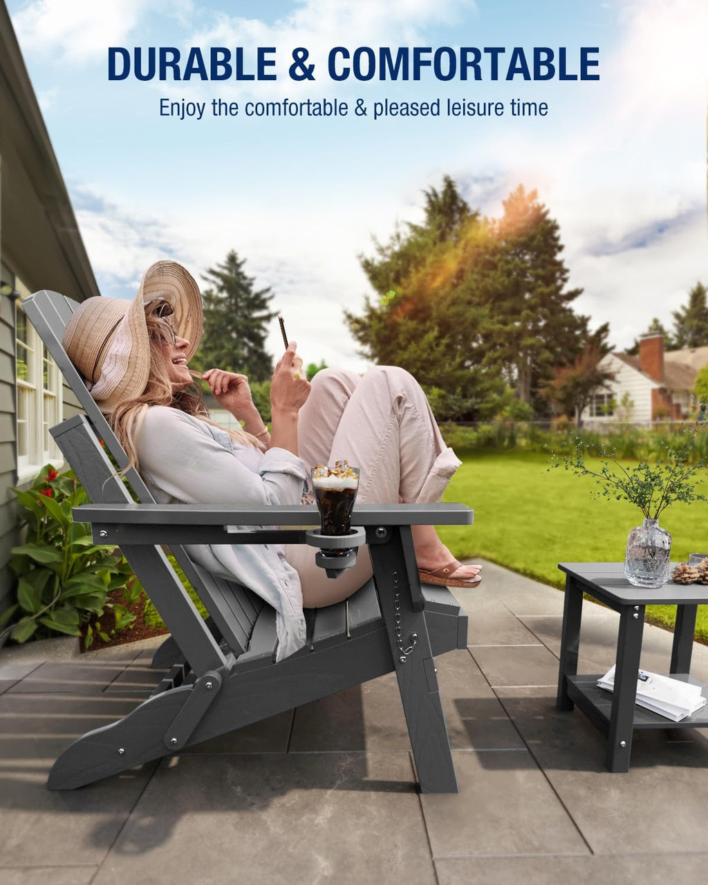 Adirondack Chair with Cup Holder: Folding Adirondack Chairs Plastic HDPE Material Furniture - Composite Fire Pit Chairs Foldable for Outdoor/Backyard/Garden/Lawn/Deck/Porch/Patio