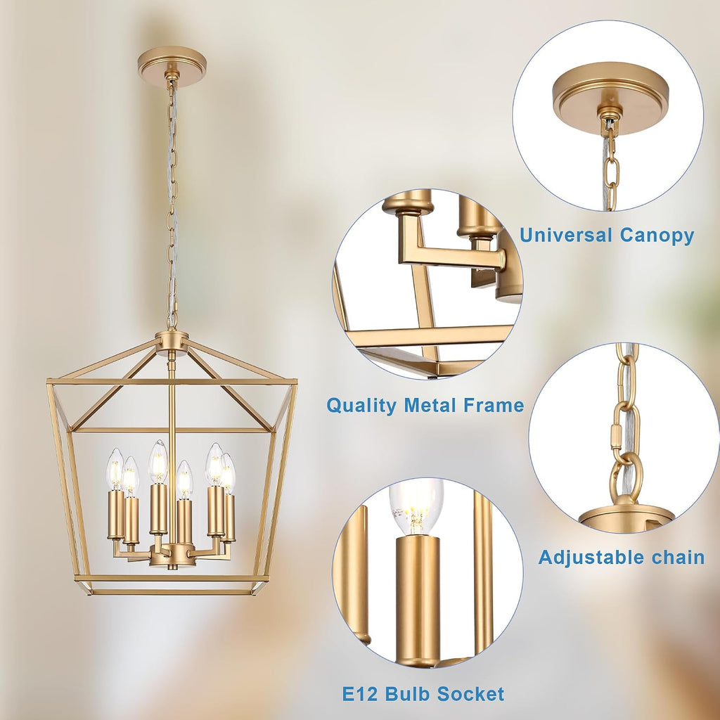 gold farmhouse chandelier, 6-light lantern pendant light fixture on a desk or shelf