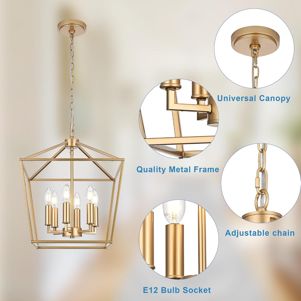 gold farmhouse chandelier, 6-light lantern pendant light fixture on a desk or shelf