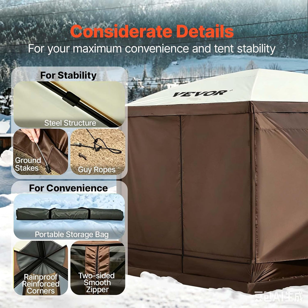 VEVOR Camping Gazebo Screen Tent, 12x12ft, Brown/Beige