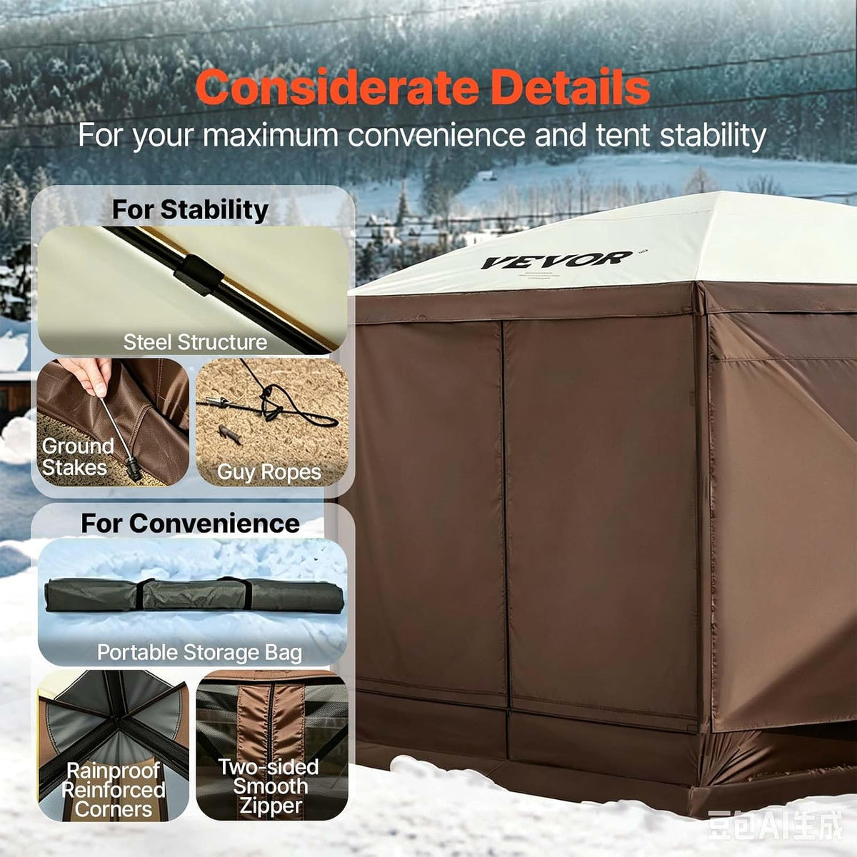 VEVOR Camping Gazebo Screen Tent, 12x12ft, Brown/Beige