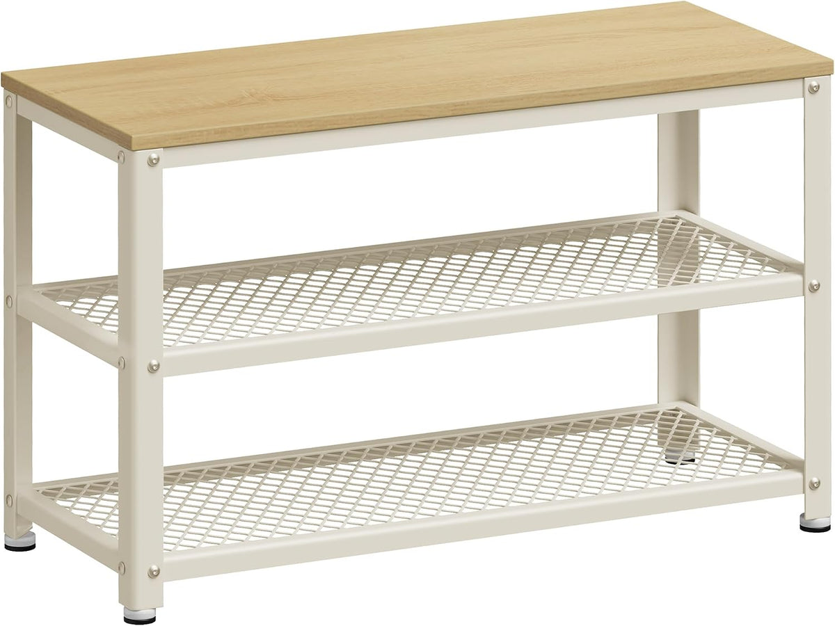 VASAGLE 3-Tier Shoe Rack, Storage Bench with Metal Mesh Shelves and Seat