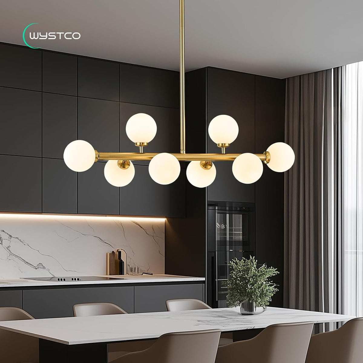 mid century modern globe sputnik chandelier, 8-light linear, view 10
