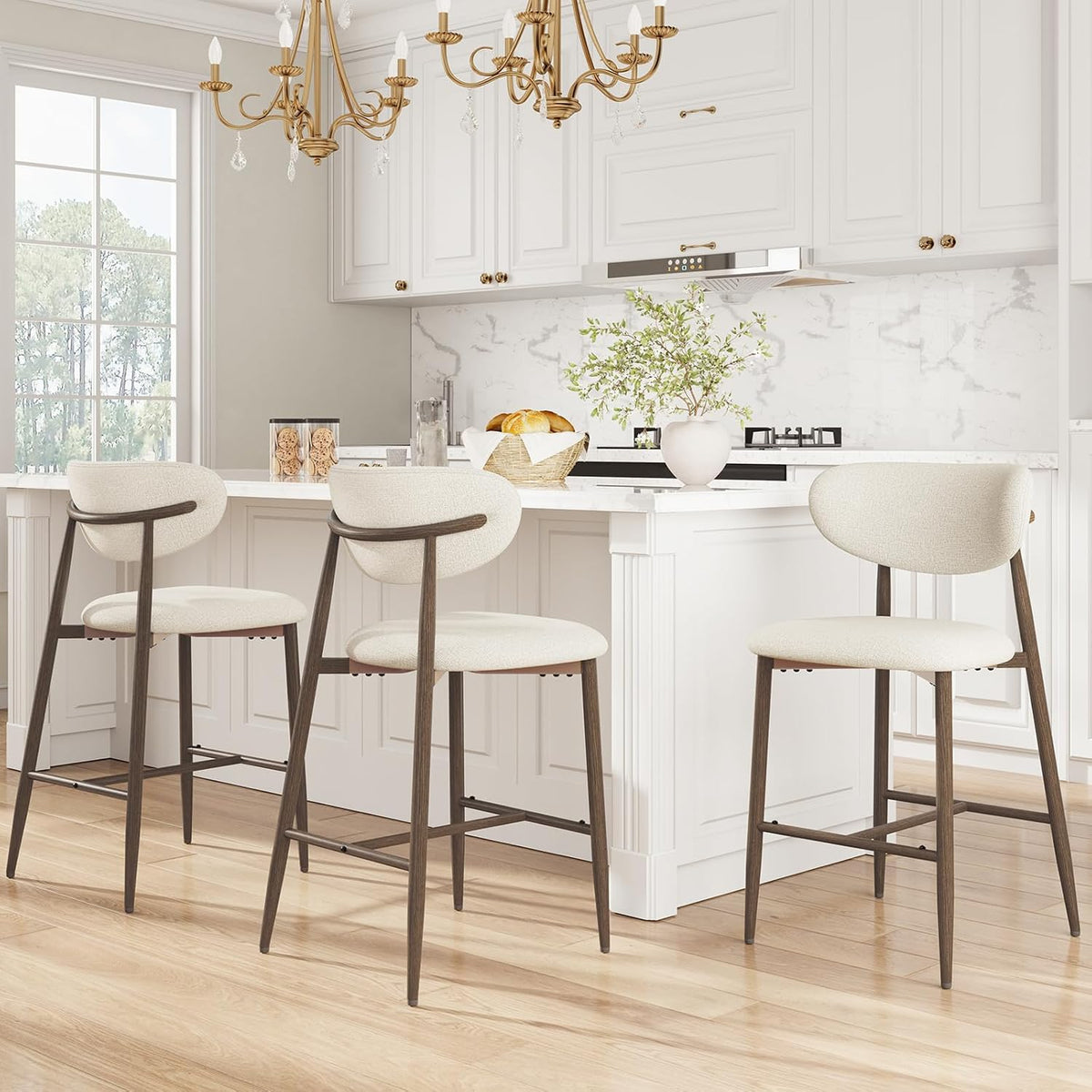 MALOL Bar Stools Set of 3, Counter Height bar stools, Kitchen Bar Stools with Backs, Modern Upholstered, Modern Bar Stools with Metal Legs for Kitchen Island, Counter, Beige