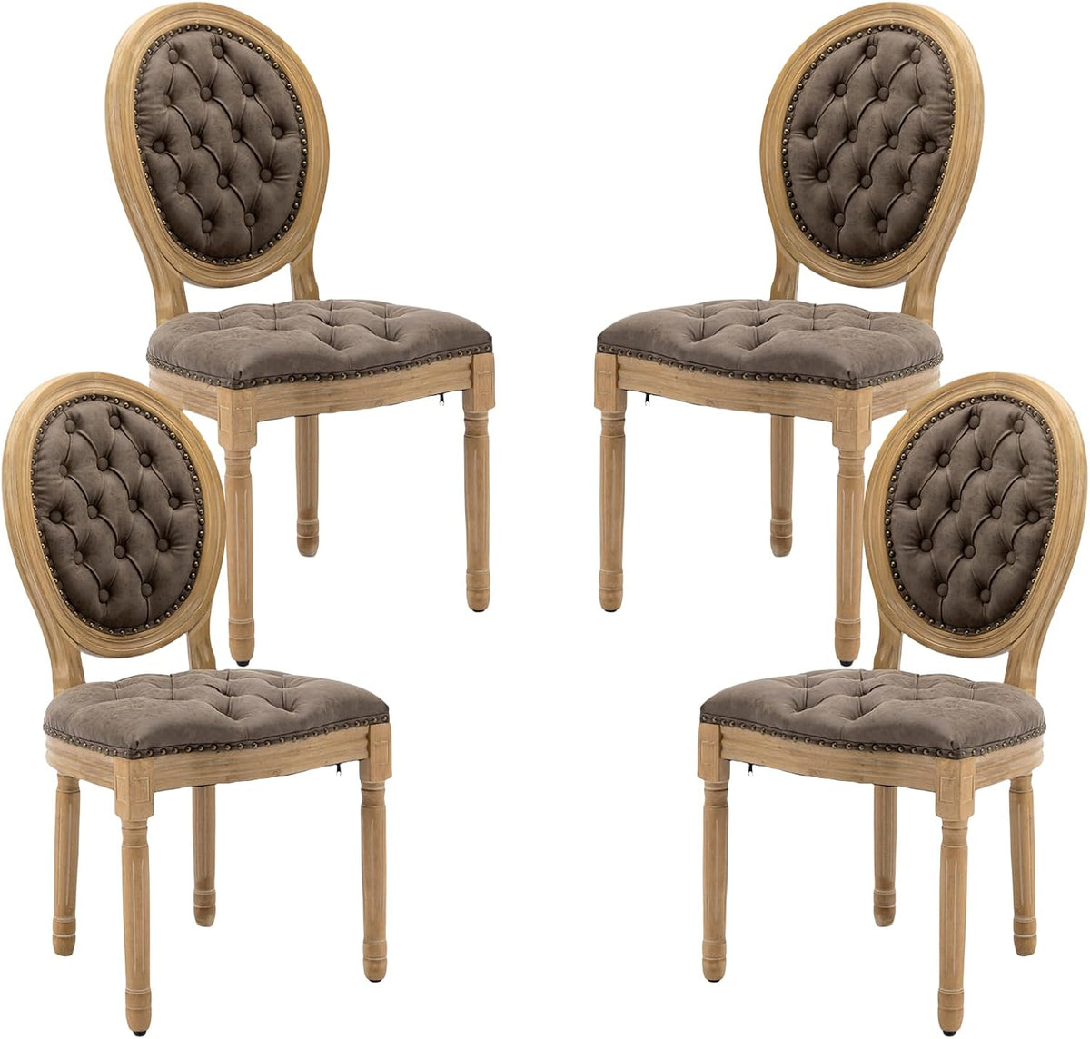 French Country Dining Chairs Set of 4,Upholstered PU Leather Chairs with Round Back,Solid Wood Legs,for Living Room, Kitchen, Restaurant,Brown