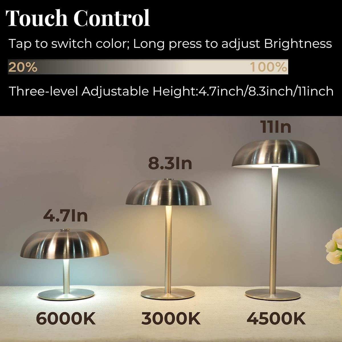 cordless 11" mushroom table lamp with dimmable 3, close-up detail