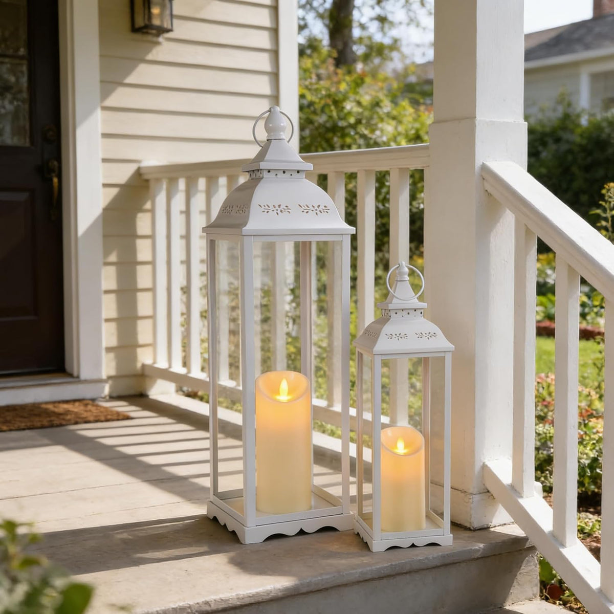 Decorative Candle Lanterns, Large 2Pcs, White Metal for Indoor & Outdoor