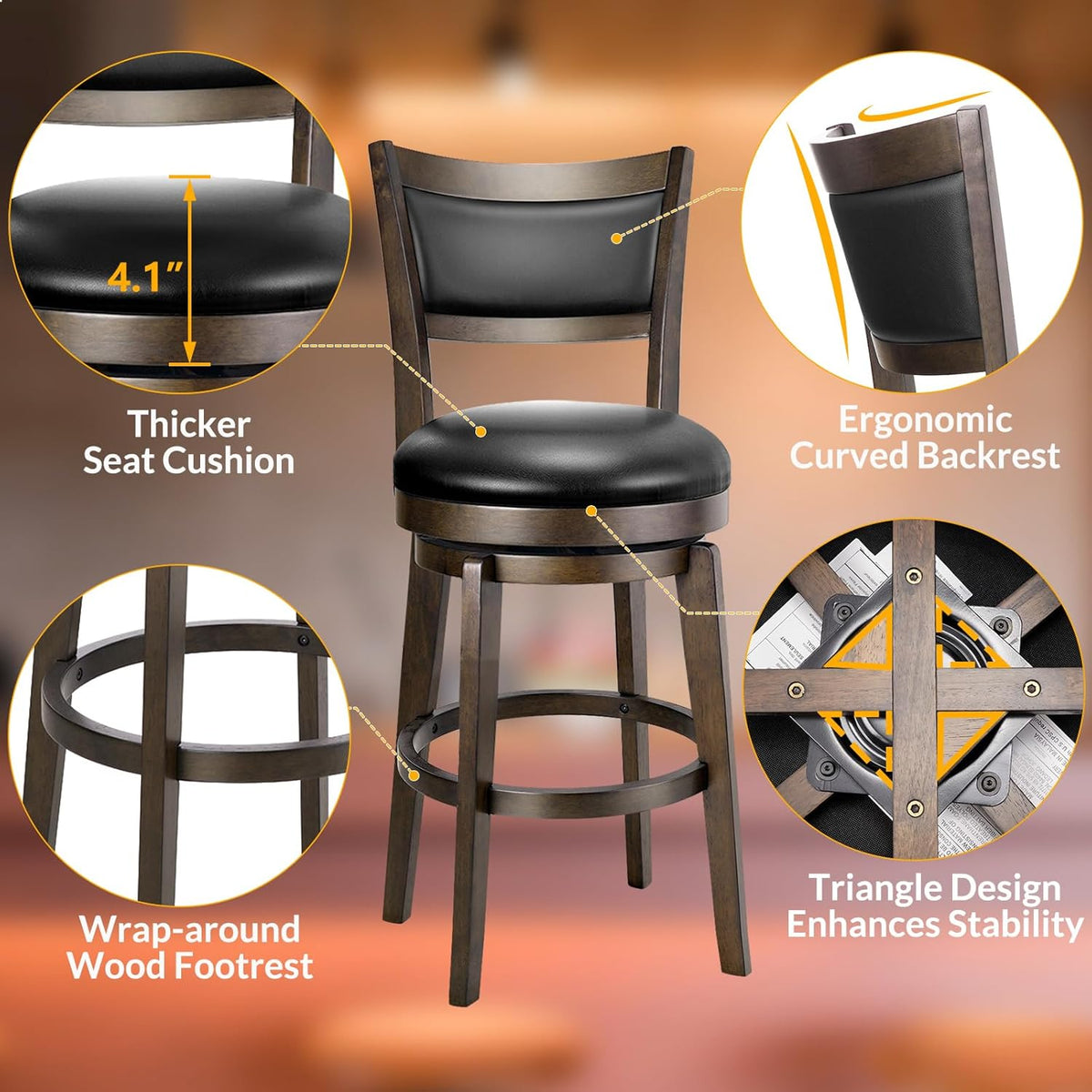 PrimeZone Swivel Bar Stools Set of 8, 24 Inch Counter Height Barstools
