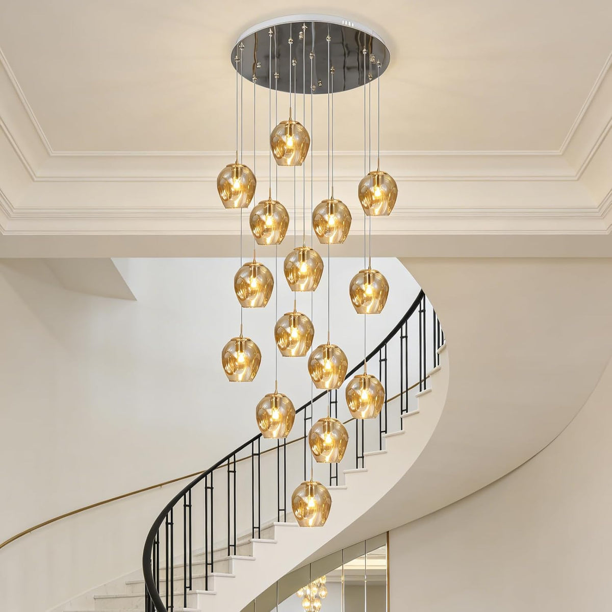 Long Chandeliers for High Ceilings,Modern Crystal Balls Pendant Light,Globe Raindrop Drop Lamp,Flush Mount Hanging Lighting Fixtures for Spiral Staircase,Foyer,Entryway,Living,15 Lights