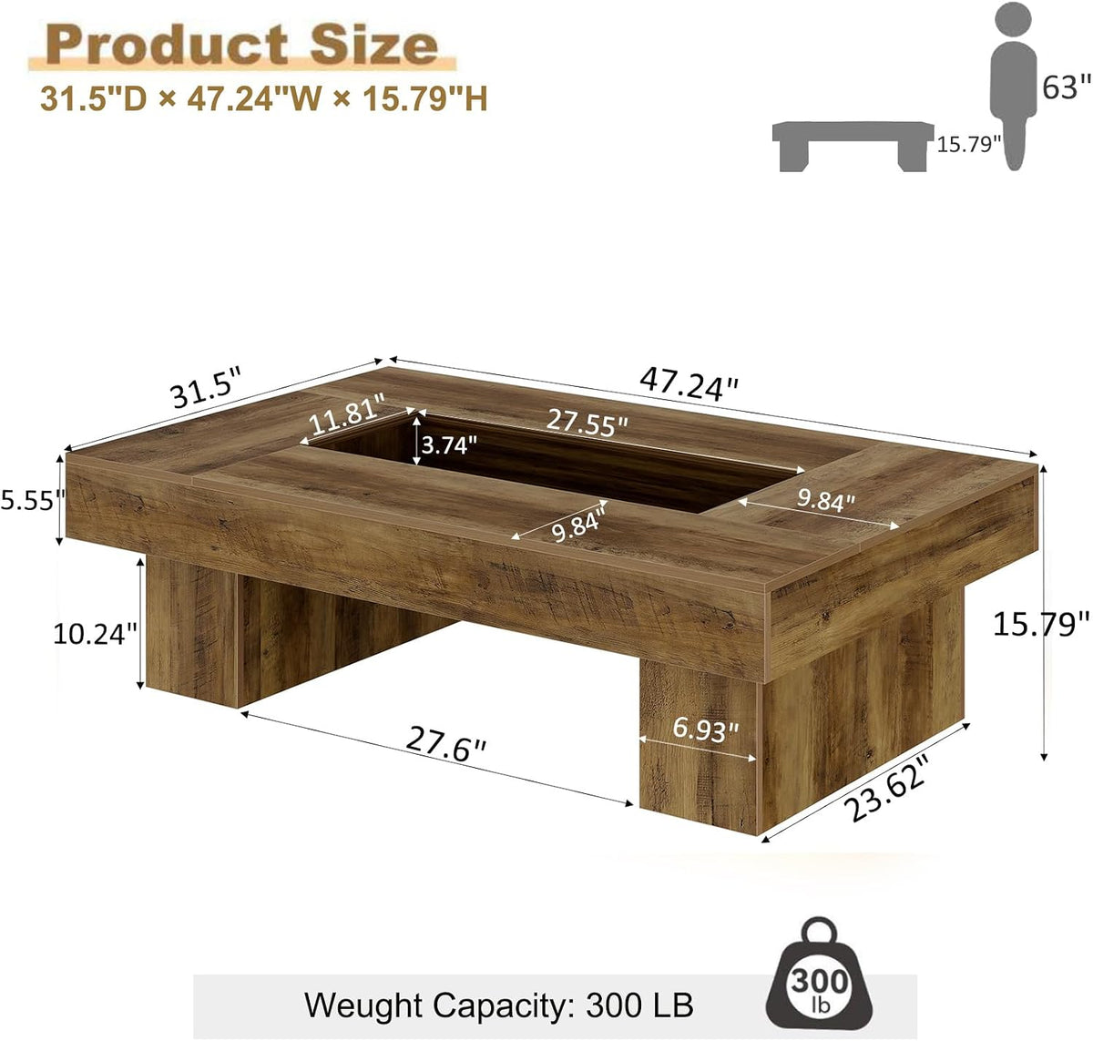 LVB 47"X31" Large Rectangle Wood Coffee Table with Storage Rustic Oak