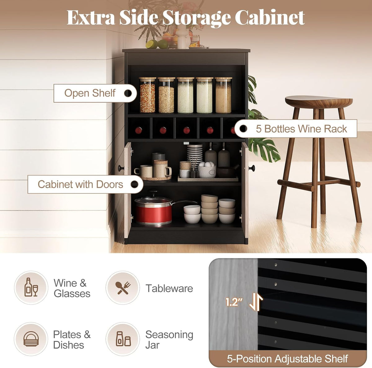 COSTWAY 48" Bar Table with Storage Cabinet & Wine Rack, Home Dining Table