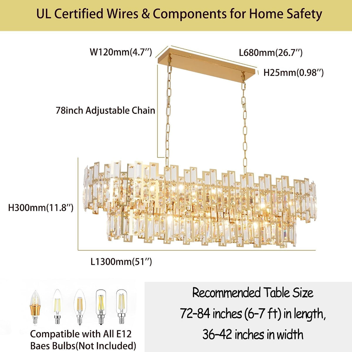 51 Inch Modern Large Crystal Chandelier Light Luxury Gold Rectangular Chandeliers for Dining Room Contemporary Oval Kitchen Island Bar Pendant Ceiling Lamp(Preinstalled K9 Crystals)