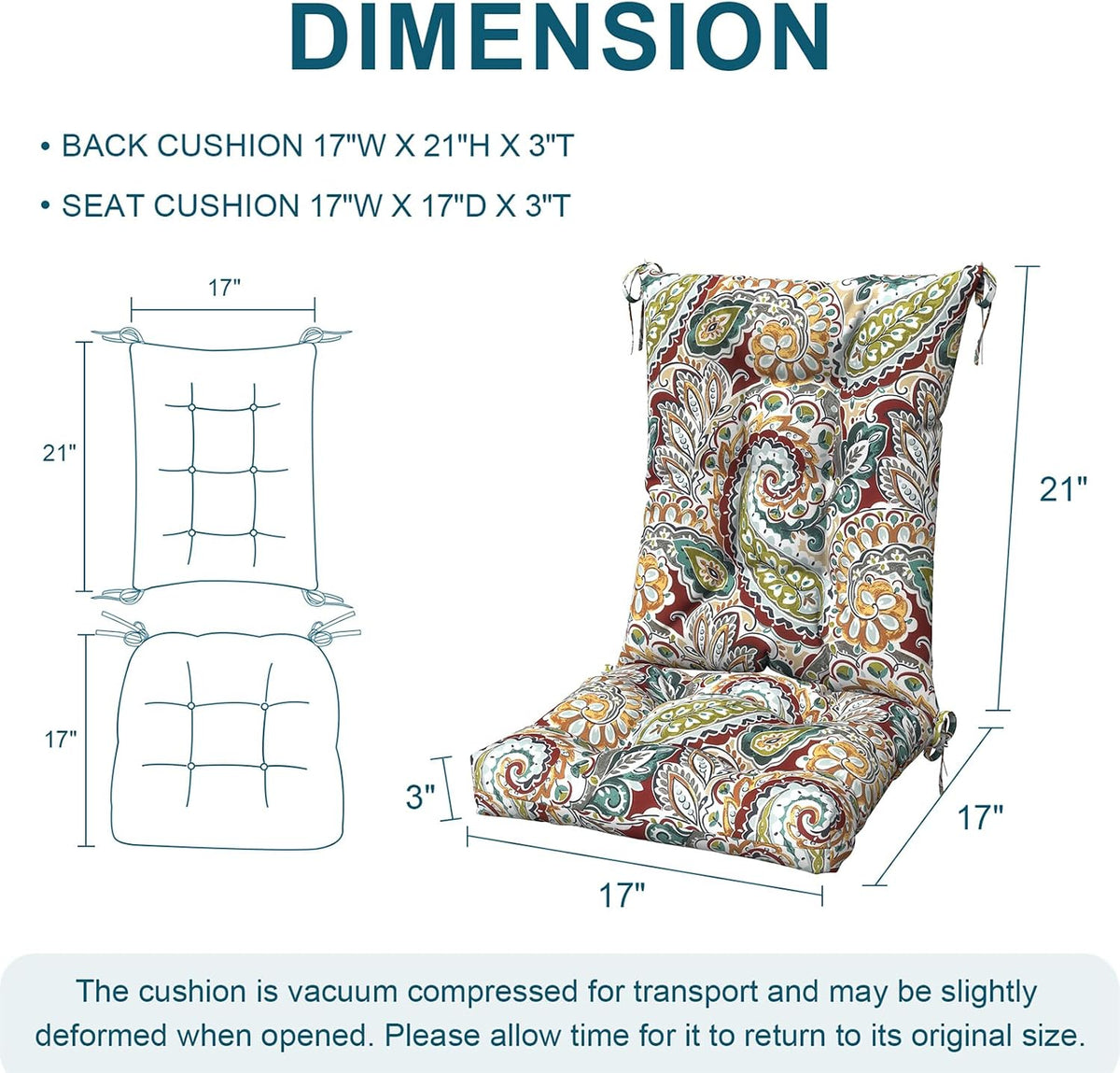 DYTXIII Set of 2 Rocking Chair Cushions for Outdoor/Indoor Use,Water Resistant Tufted High Back Chair Pads for Patio,Porch,Balcony Rocker and Adirondack Furniture - Paisley Chilli