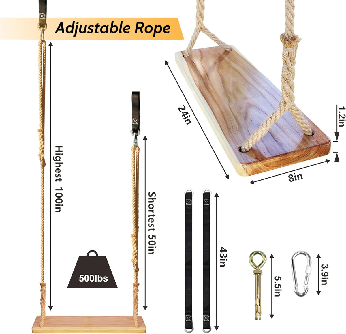 Hanging Wooden Tree Swing with Adjustable Hemp Rope & Extendor Tree Straps