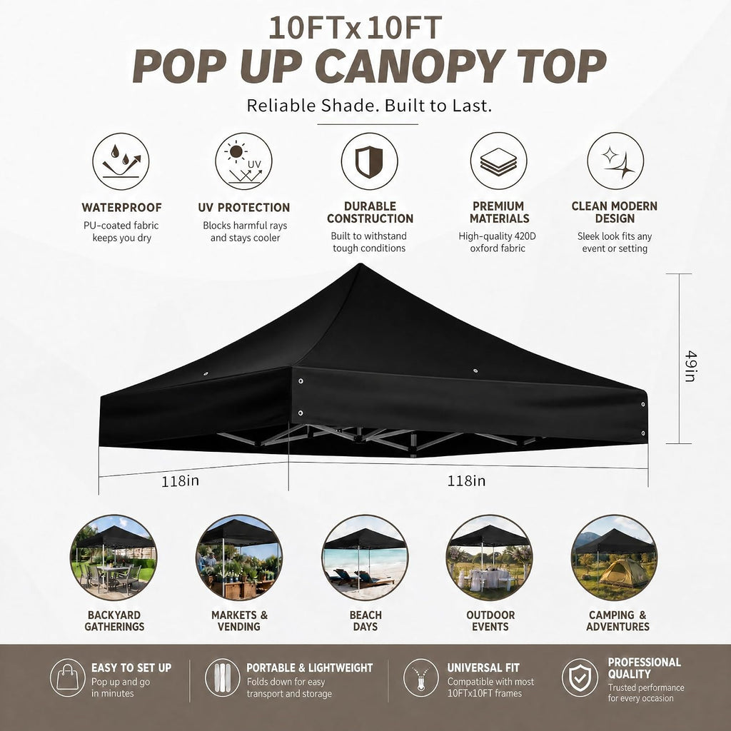 10 x 10 Replacement Canopy Top for Straight Leg Frame, Black