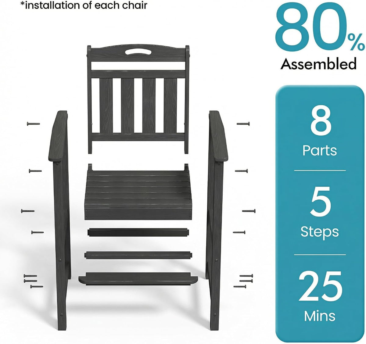 Ciokea Bar Height Adirondack Chair, 380lbs Heavy Duty Tall Bar Chair Patio Stool with Arms & High Back, All-Weather Outdoor Chair for Bar Table, Balcony, Poolside,Dark Grey