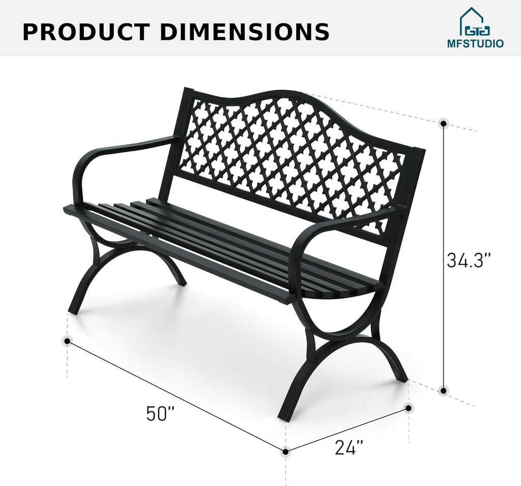 MFSTUDIO 50 Inches Outdoor Garden Bench Cast Iron Metal Frame, Clover Black