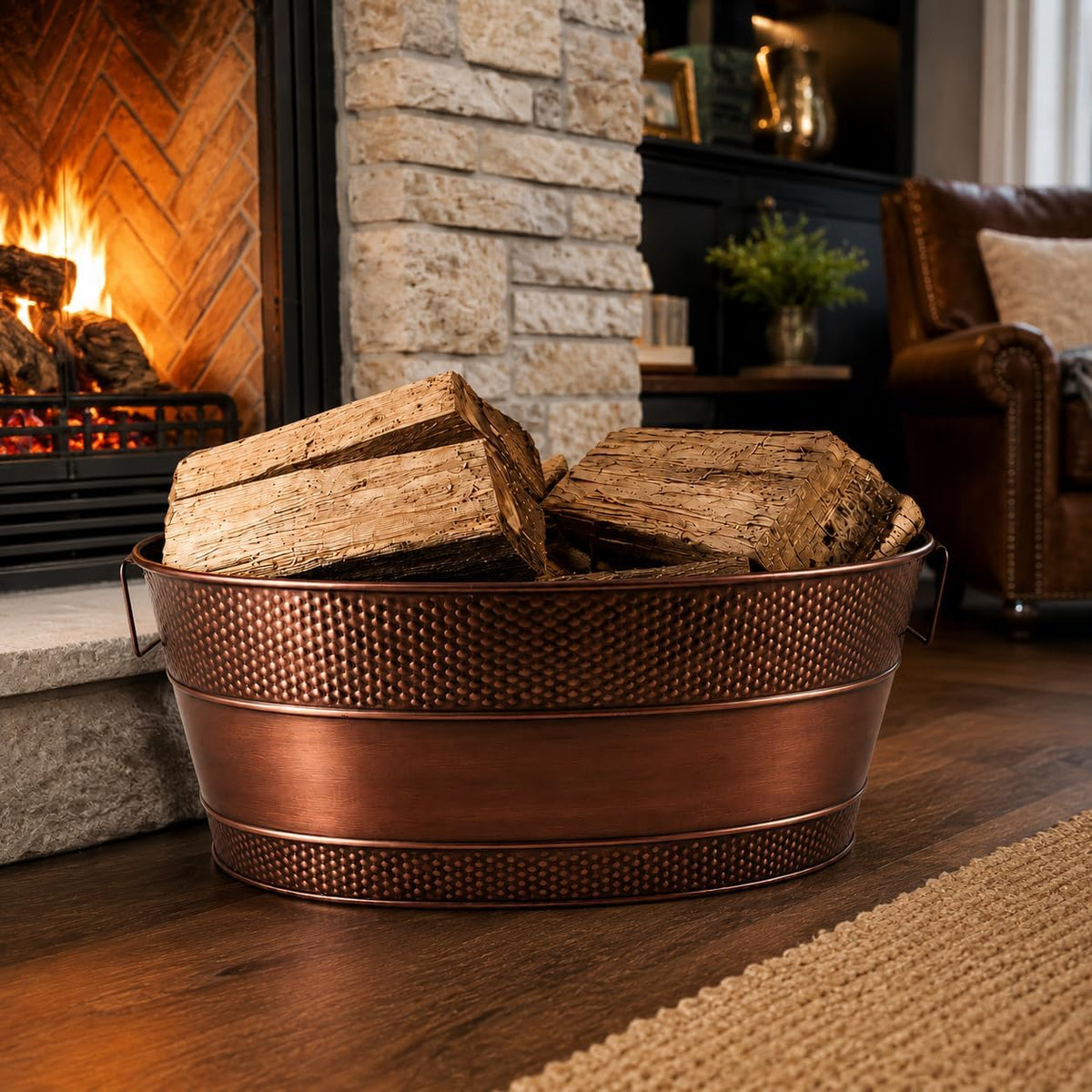 BREKX Copper Galvanized Firewood Storage Bin with Handles, 25-Qt