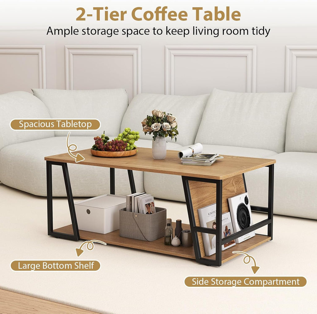 GIANTEX Modern Coffee Table with Storage, 2-Tier Wood Center Table, Oak