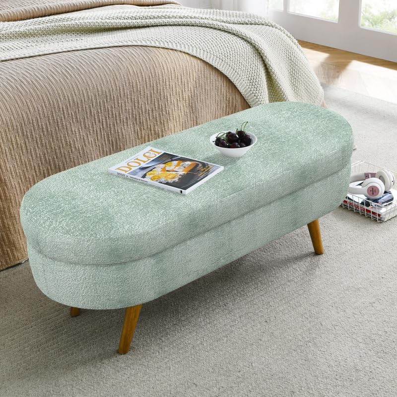 43.5" Fabric Storage Ottoman Bench for Bedroom,Upholstered Boucle Ottoman with Safety Hinge,End of Bed Bench with Rubber Wood Legs for Living Room Entryway,Cyan