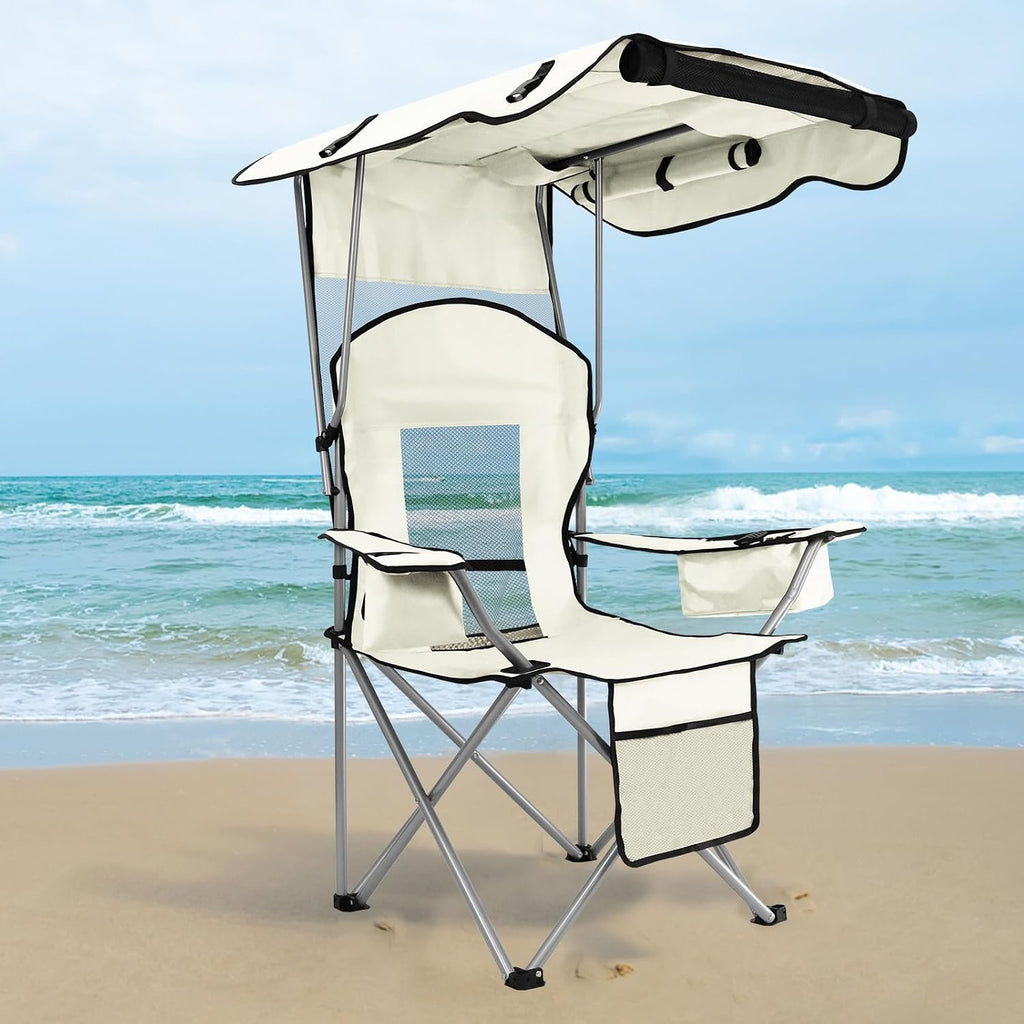 Beach Chair with Canopy Shade, Folding Camping Chair Support to 330LBS, Outdoor Chair with Cup Holder & Cooler Bag for Travel Hiking