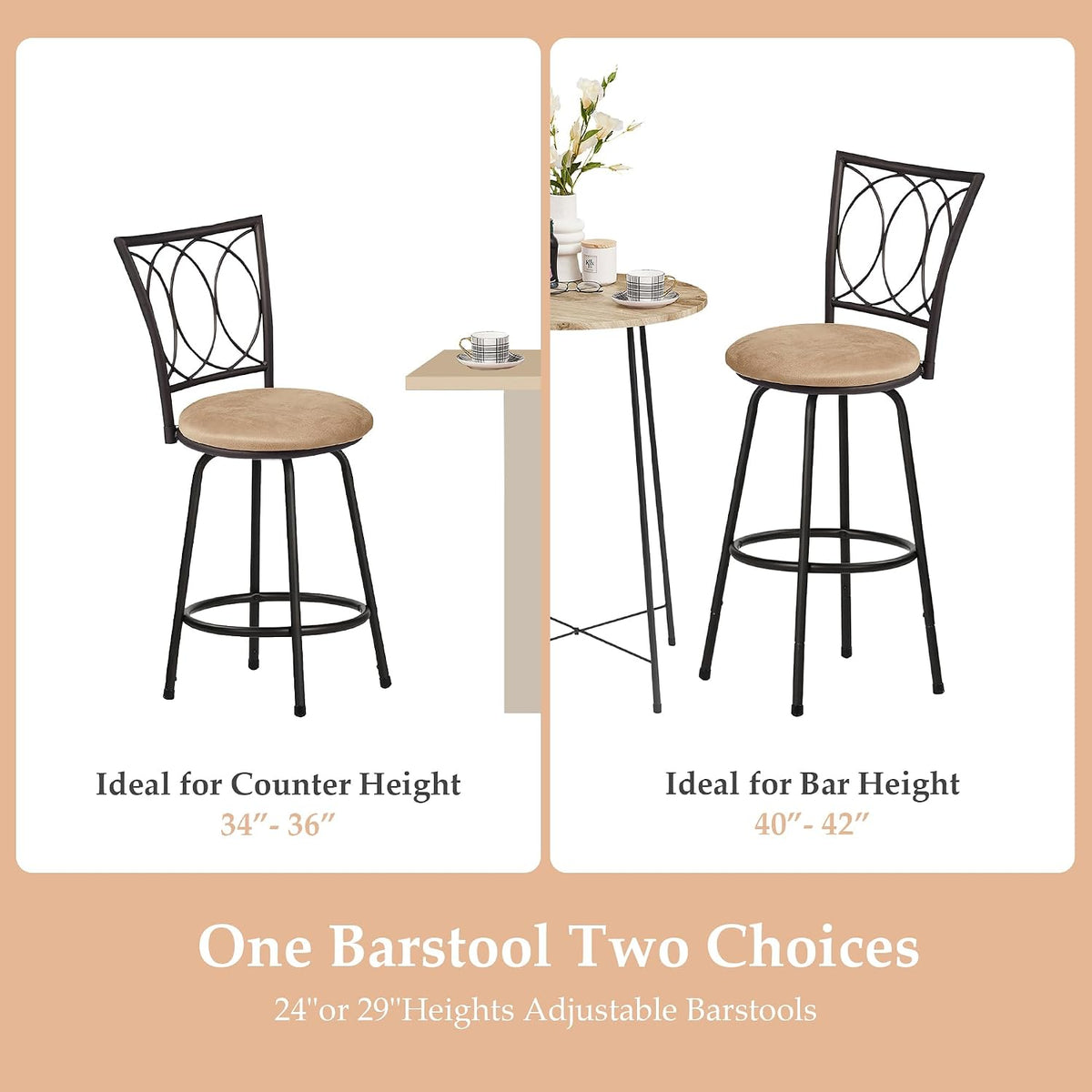 VECELO Bar Stools, 24/29" Adjustable Barstool,Swivel Counter Stool with Upholstered Seat,Steel Bistro Pub Chairs, Curved Line Backrest, Set of 2
