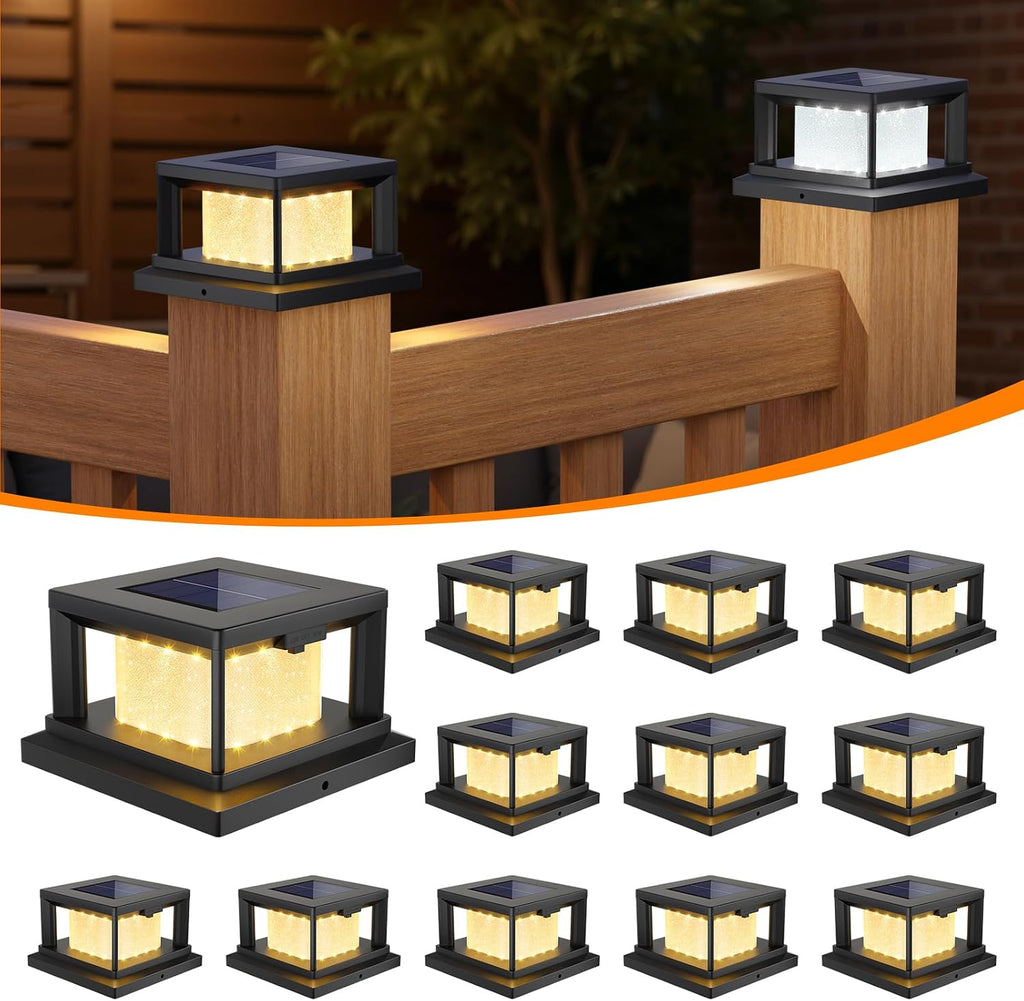 Mlambert 12 Pack 4x4 Solar Post Light, 2 Mode Wooden Vinyl Fence Cap, Black