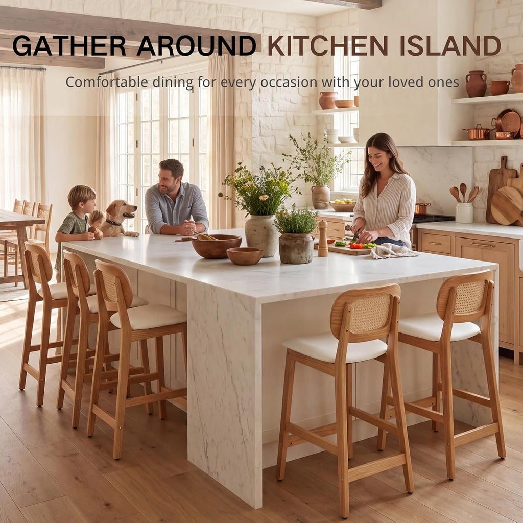 EALSON Rattan Counter Height Bar Stools Set of 3 Modern Farmhouse Barstools with Cane Backs 26 Inch Wood Counter Stool Breakfast Upholstered Bar Chairs for Kitchen Island, Leather White