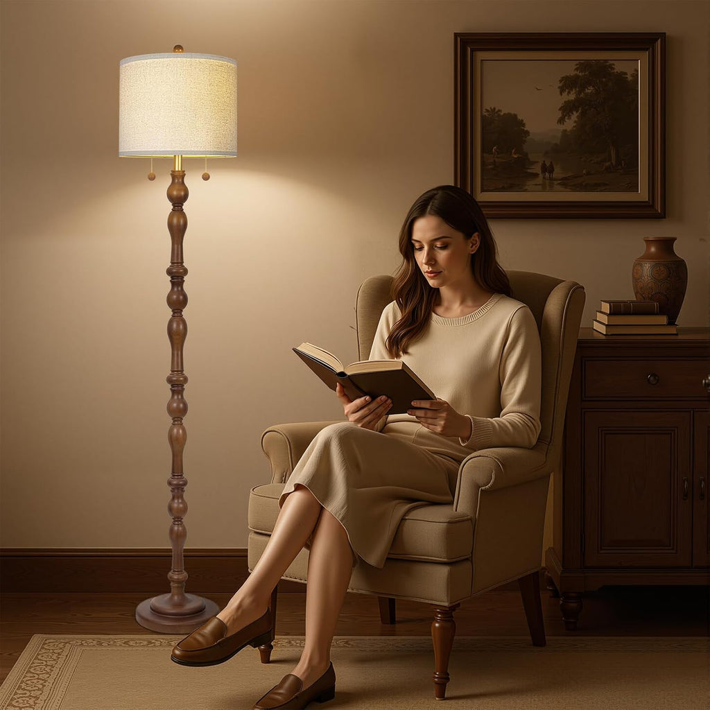 Scenekoy 65.5" Natural Real Wood Floor Lamp with Dual Pull Chains Switch