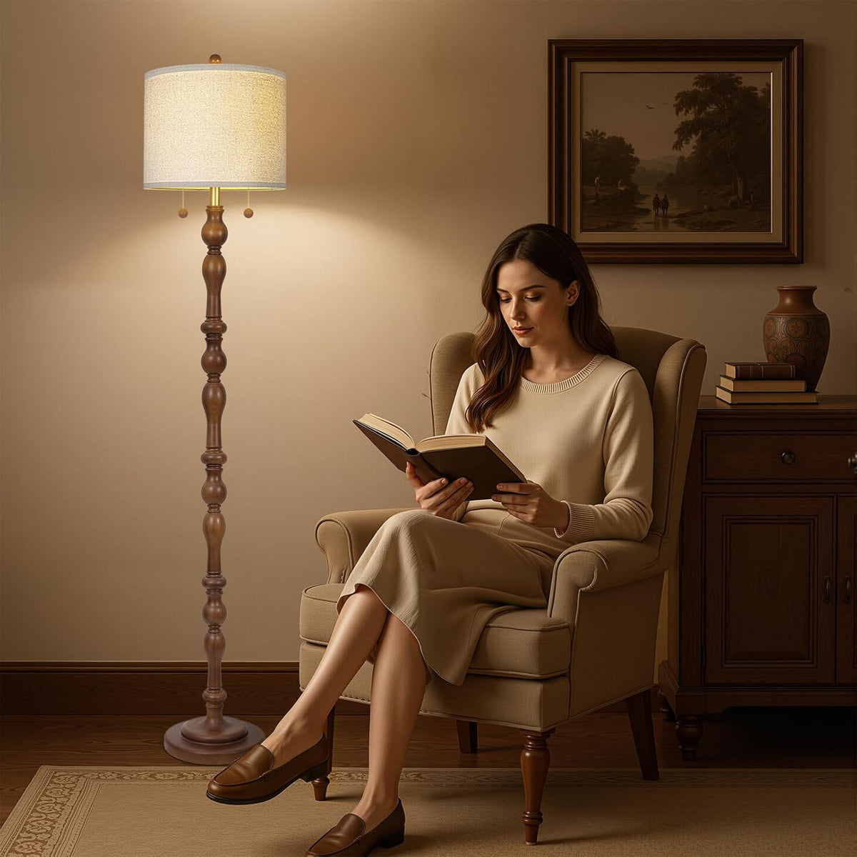 Scenekoy 65.5" Natural Real Wood Floor Lamp with Dual Pull Chains Switch