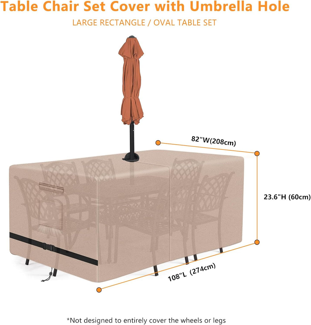 Rectangle Patio Table Cover with Umbrella Hole 108 Lx 82" W x 23.6" H,Khaki