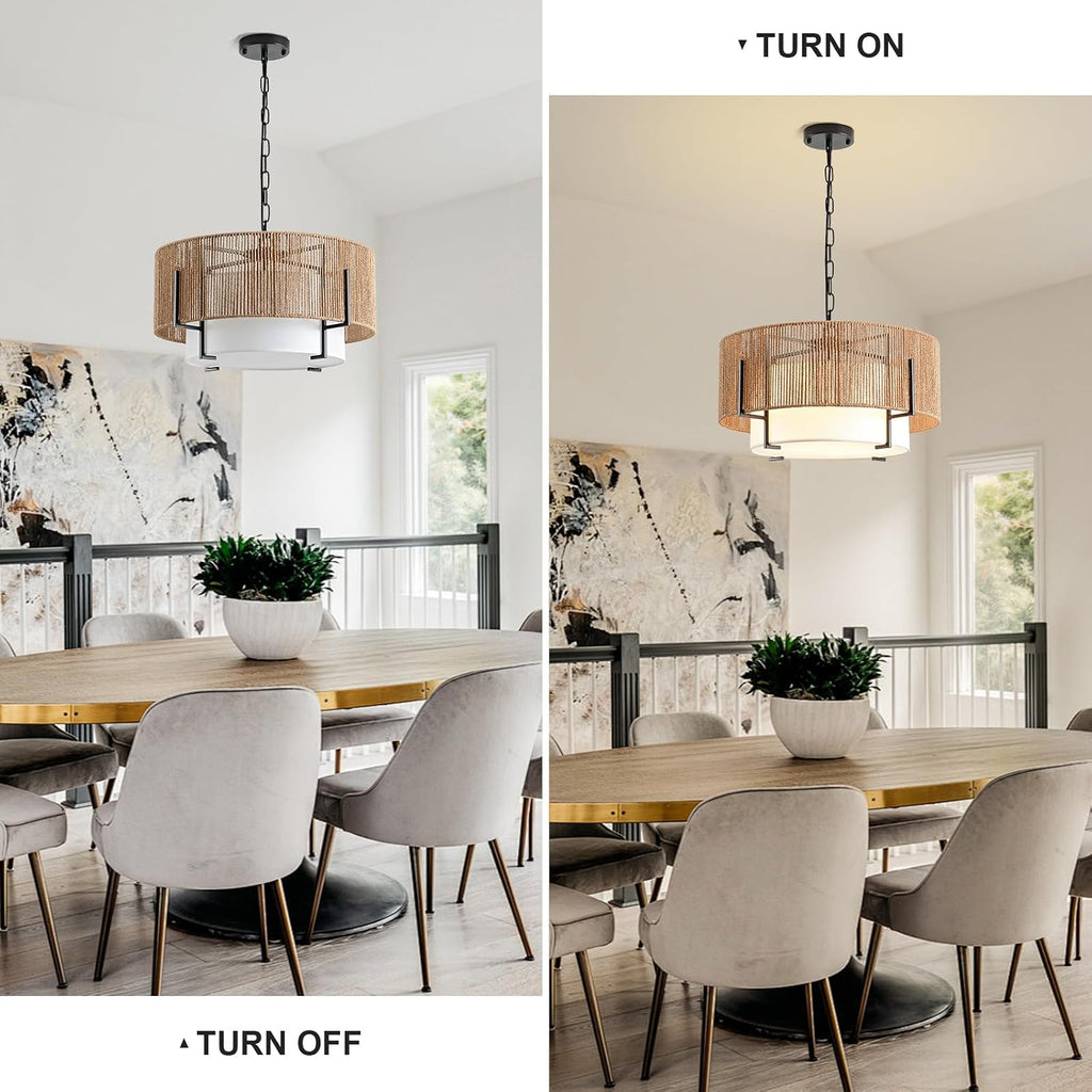 4-light rattan chandelier for dining room, 19.7" boho, front angle view
