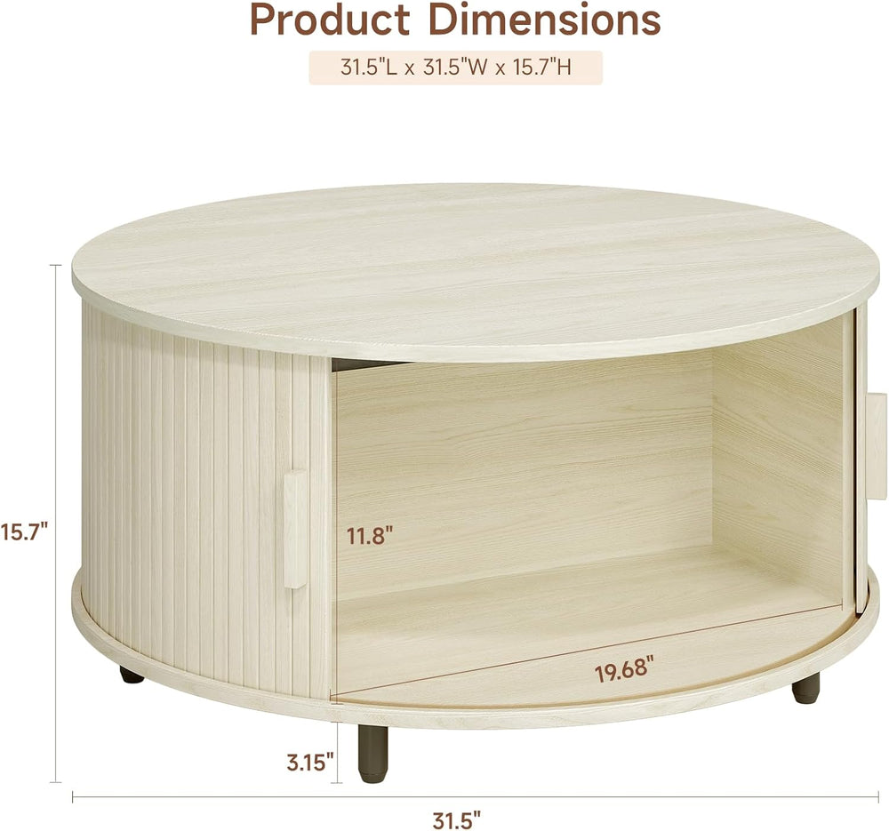 ONBRILL 31.5" Round Coffee Table w/Storage Adjustable Footpad Natural White