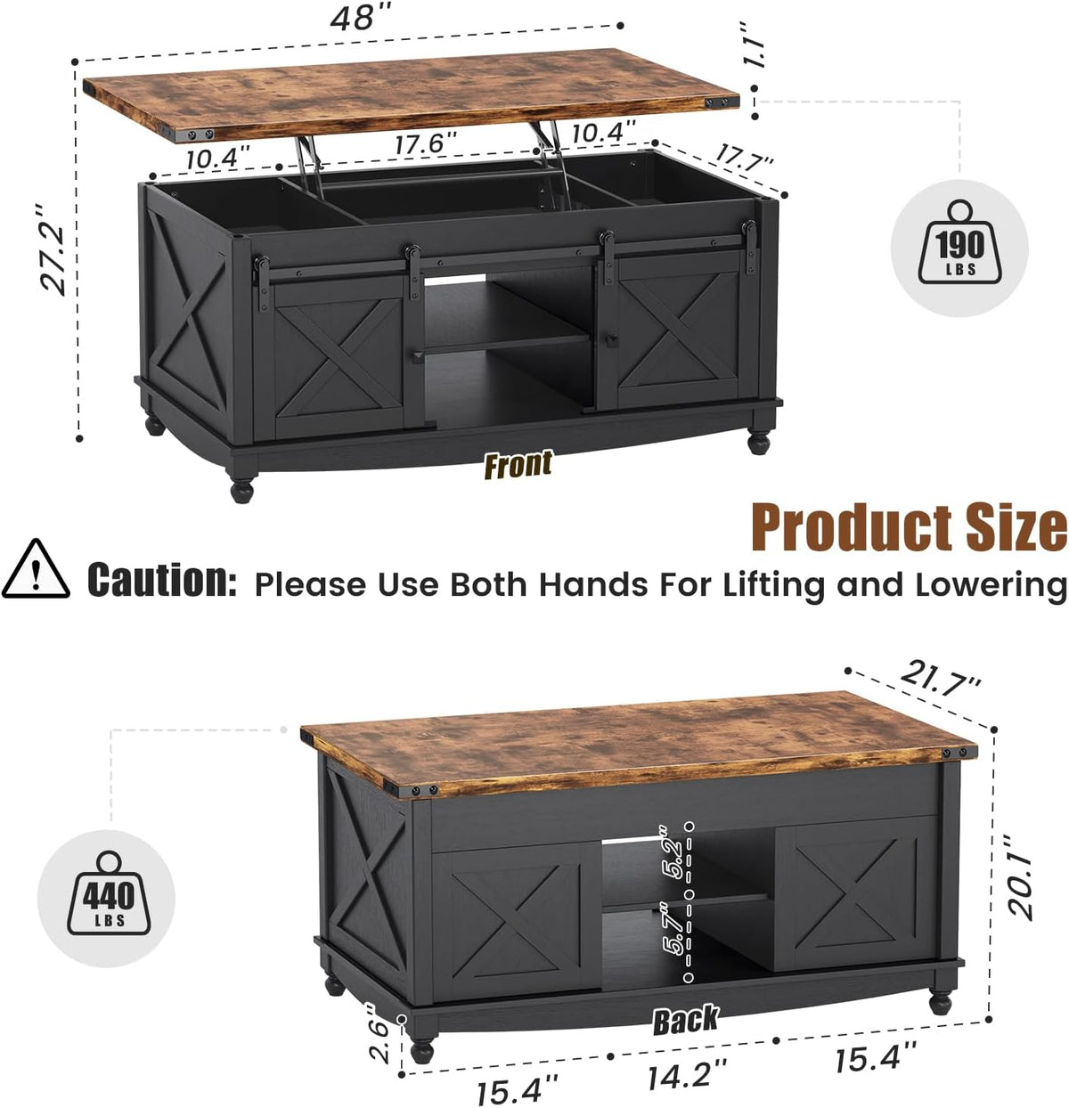 ALLSTAND 48" Farmhouse Lift Top Coffee Table with Storage Sliding Barn Door & Large Hidden Compartment, Coffee Table with Lifting Top with Wooden Lift Tabletop, Coffee Tables for Living Room, Black