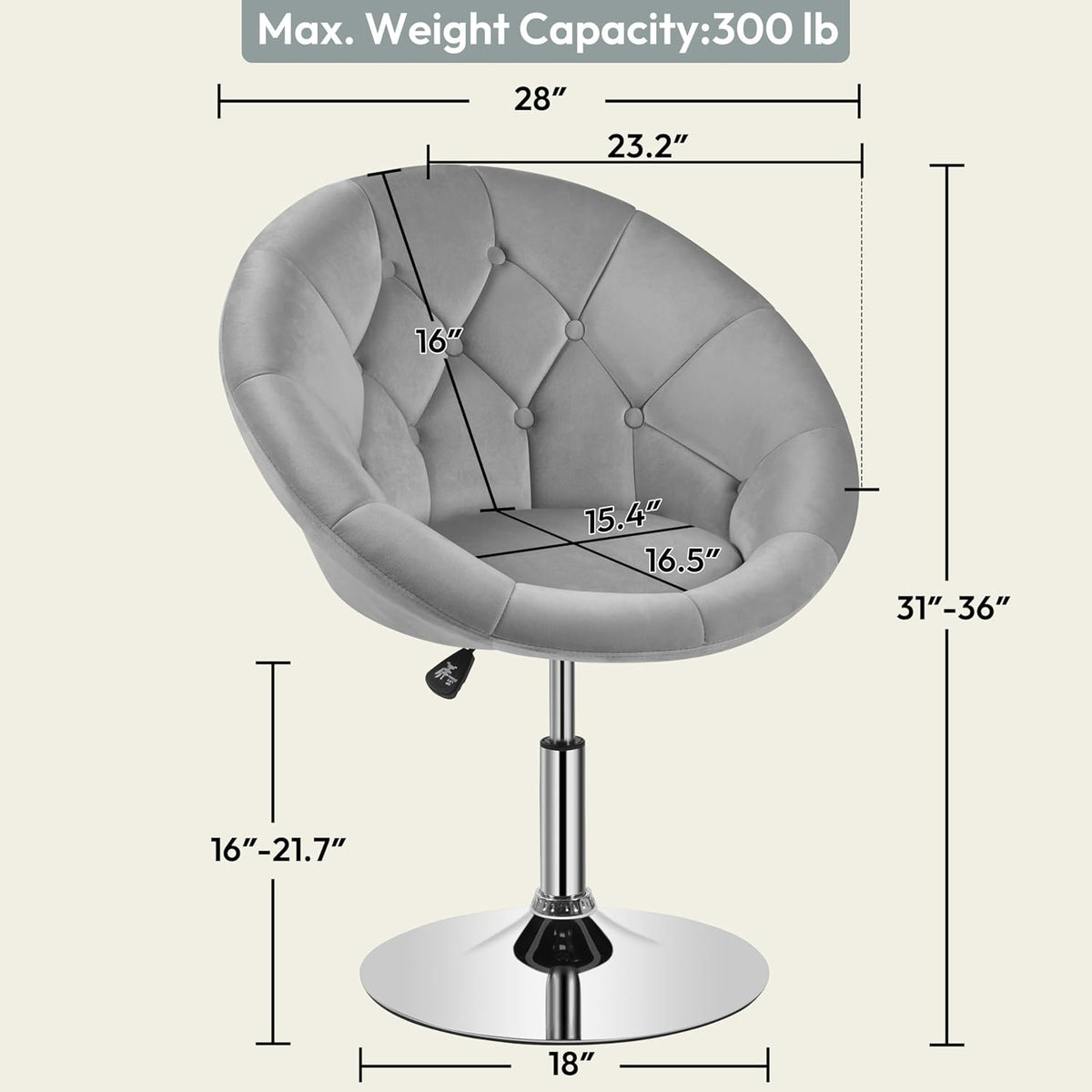 Yaheetech Adjustable Swivel Vanity Chair, Velvet Vanity Chair, Gray