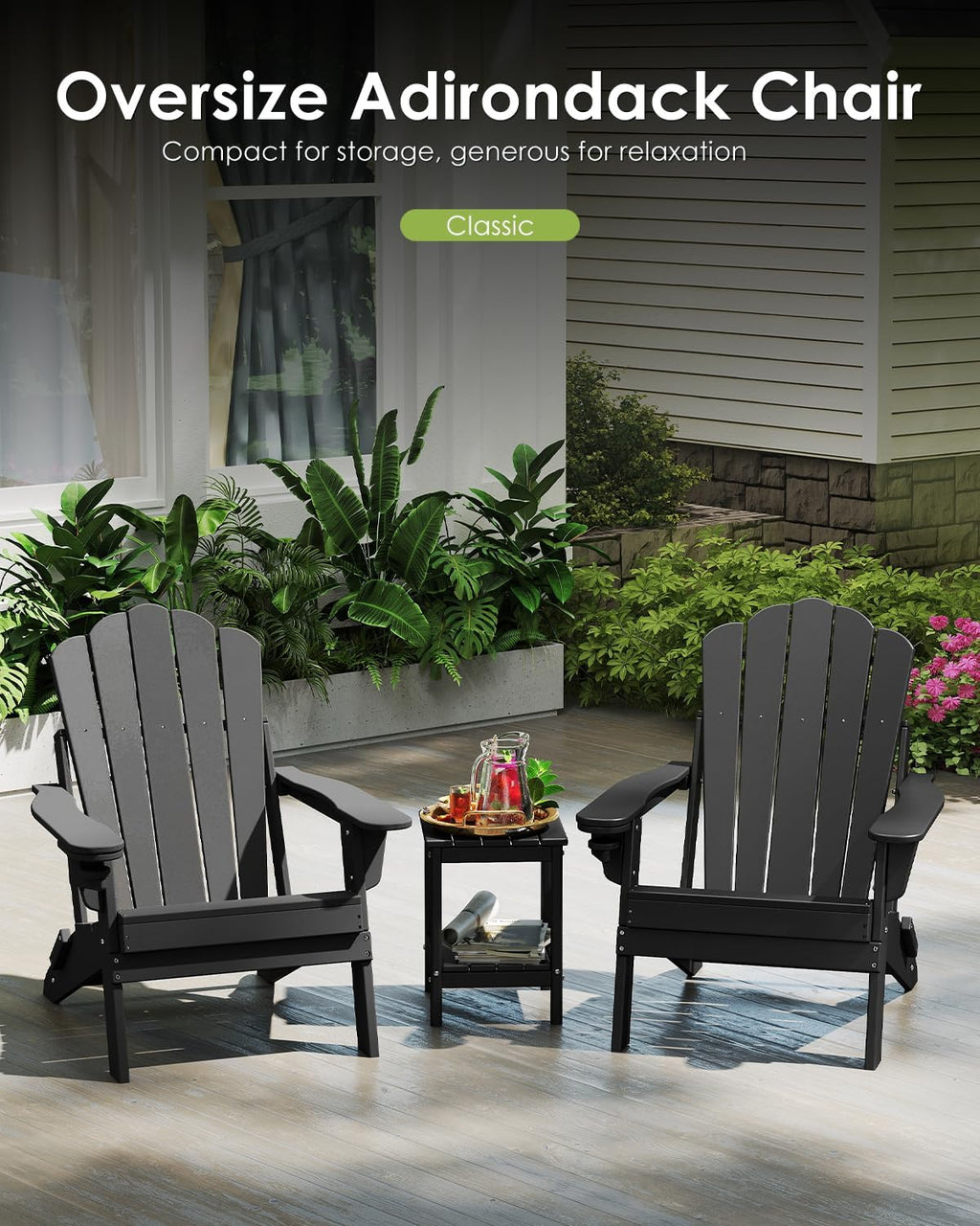 GREENVINES Oversized Folding Adirondack Chairs Set of 2, HDPE, Black