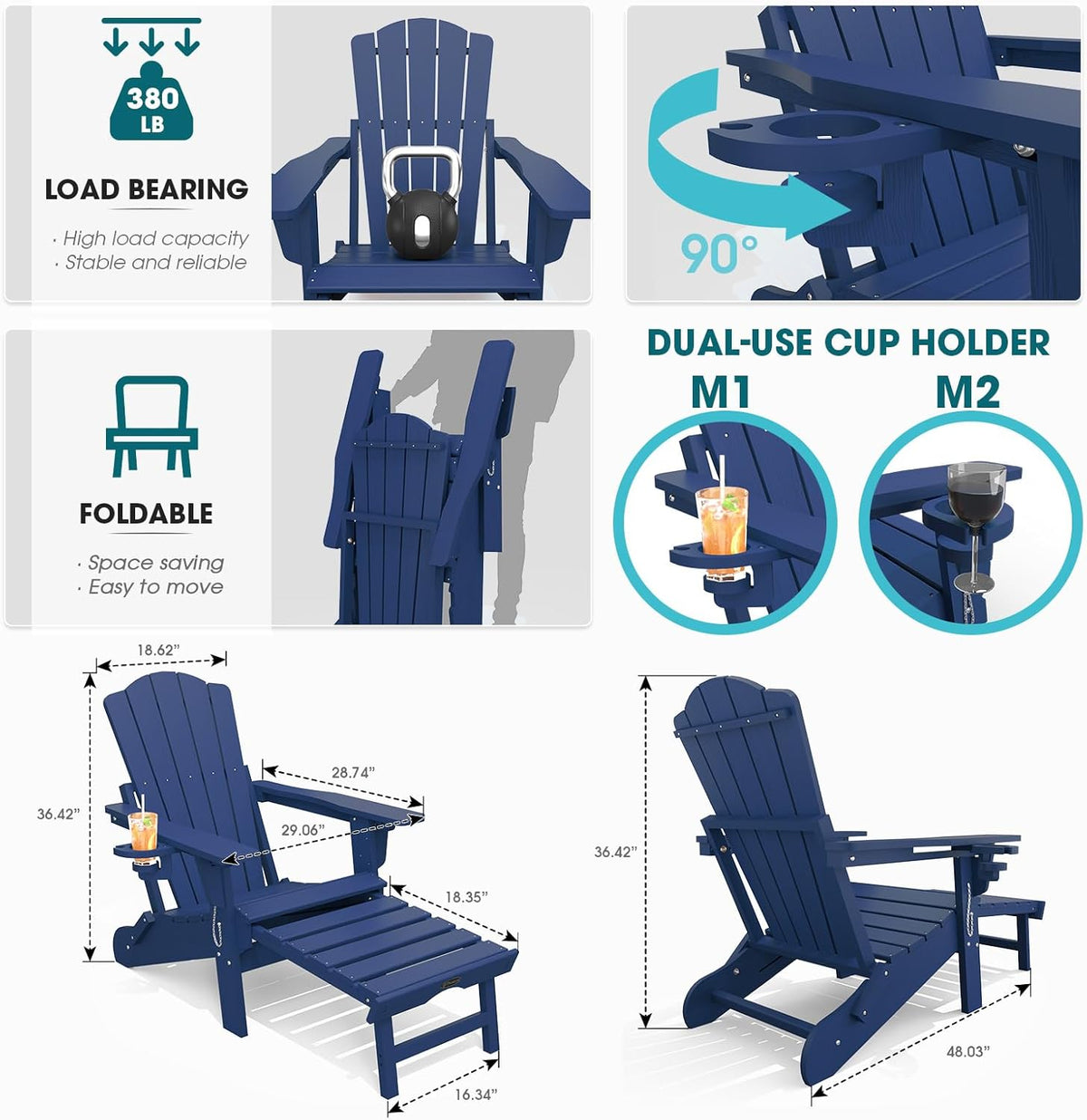 THOEOE Folding Adirondack Chairs, Outdoor Patio Fire Pit Chairs