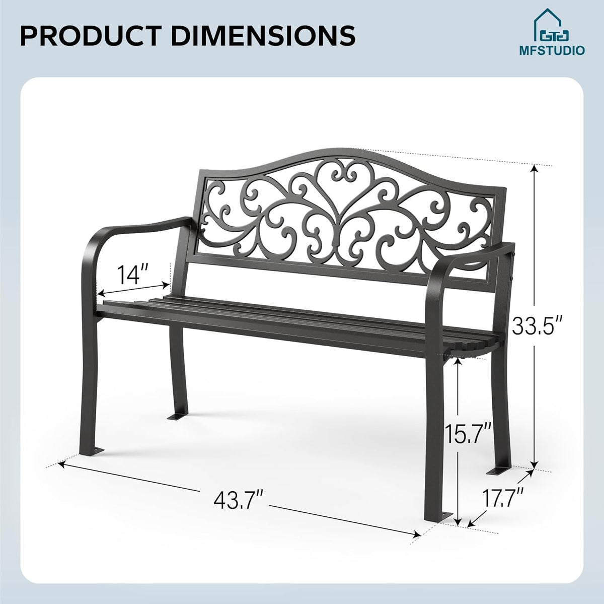 MFSTUDIO 43.7 Inches Cast Iron Outdoor Garden Bench, Floral Backrest, Black