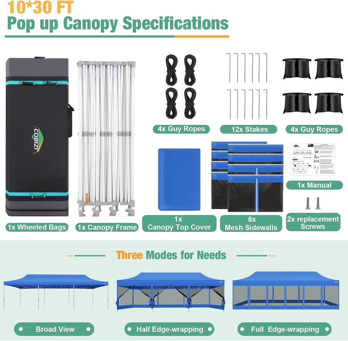 COBIZI 10x30 Heavy Duty Pop Up Canopy Tent, Removable Mesh Sidewalls