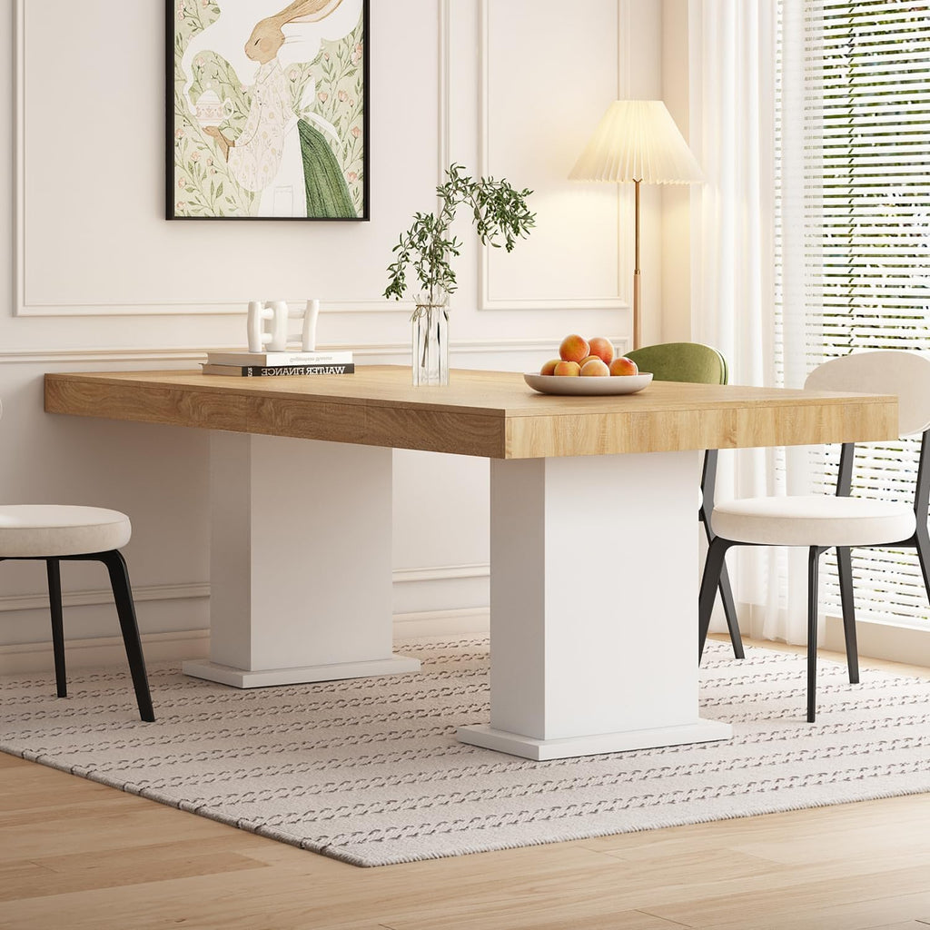 Modern Dining Table for 6-8 People, 78.7" Wood Kitchen Table with Stylish Pedestal, Long Rectangle Wooden Dinner Table for Dining Room, Brown & White