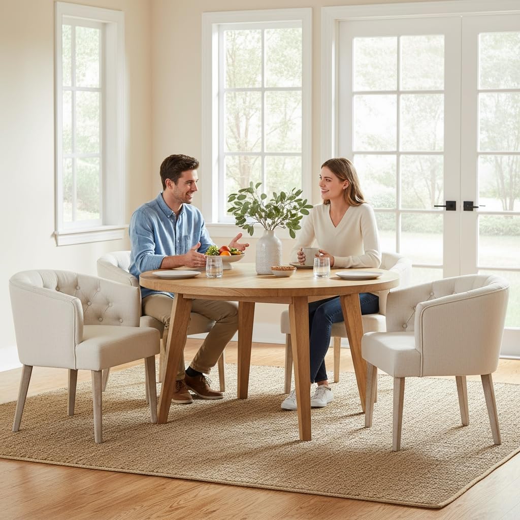LukeAlon Tufted Arm Linen Dining Chairs Set of 4, Beige