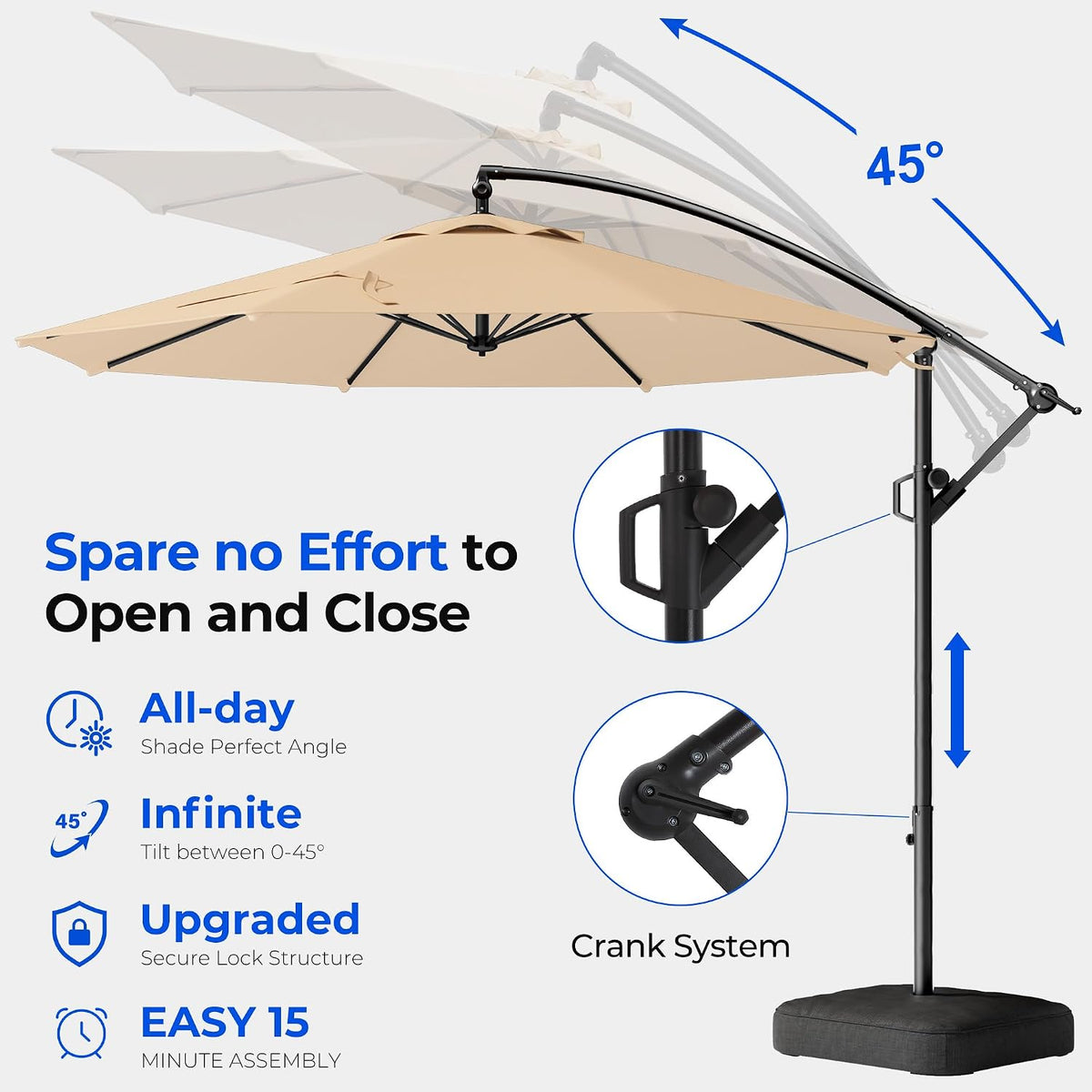 HOMSHADE 10ft Cantilever Patio Umbrella with Base Included, 30 MPH Wind-Resistant Offset Outdoor Hanging Umbrella with 45 Degree Infinite Tilt and Smooth Crank, 260gsm Solution-Dyed 8-Year Fade-Resistant Canopy for Backyard Pool Deck, Beige